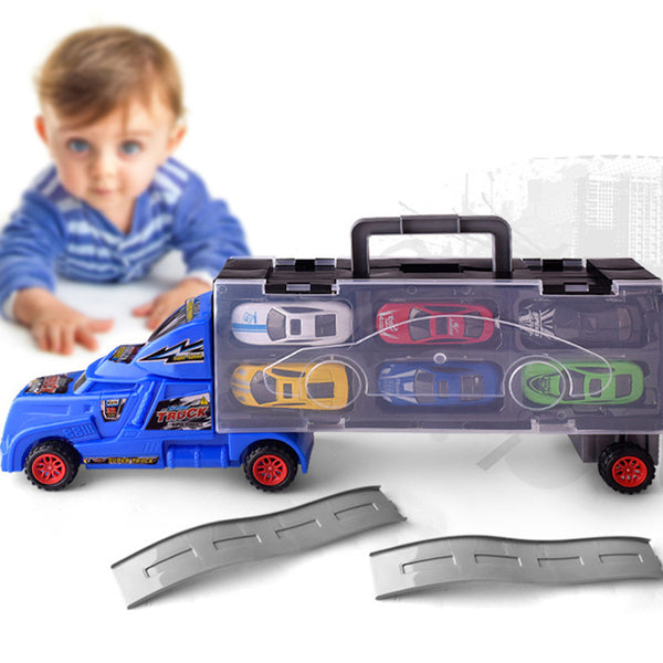 1:18 Children Educational Toy Truck Toy With 12 Cars Portable Container Car Gift