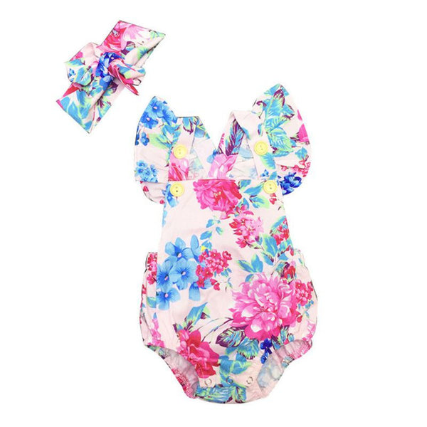 Baby Girls Lovely Clothes Cotton Blend Floral Print Newborn Infant Baby Jumpsuits Bodysuits Outfit with Headband