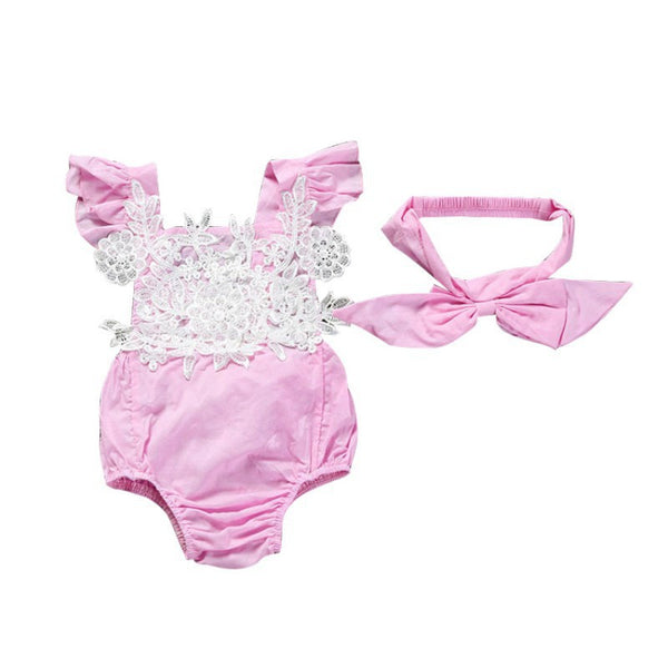 Baby Girl Clothes Newborn Baby Girl Bodysuits Lace Flowers Jumpsuit Clothing + Bow Hair Band Summer Cute Baby Bodysuits