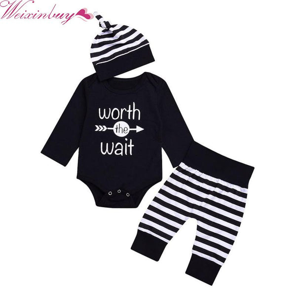 1 Set Lovely Newborn Baby Letter Pattern Short Sleeves Romper Tops+Long Pants+Hat Outfits Set For Baby Boy Infant Clothes