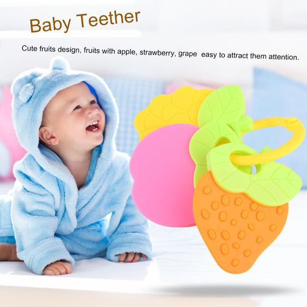 Baby Teether Fruit Shape Soft Silicone Teething Chew Toys with Ring for Infants Toddler Gift