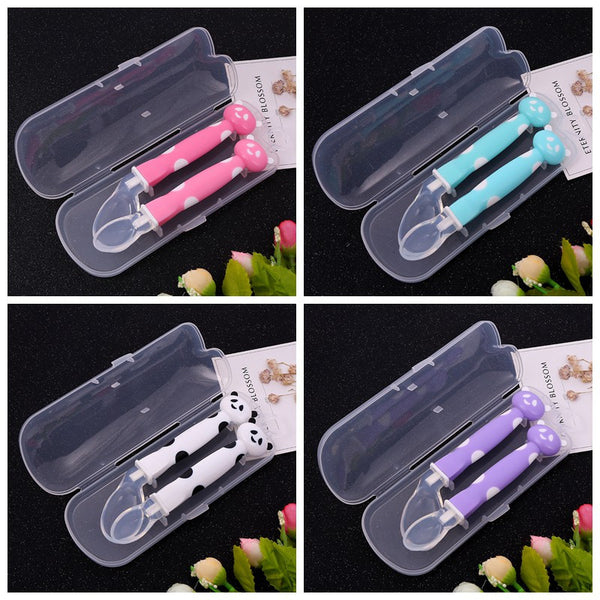 2Pcs Baby Soft Silicone Feeding Spoon Baby Spoon Safety Tableware Infant Learning Spoons with 1Pcs Carry Box
