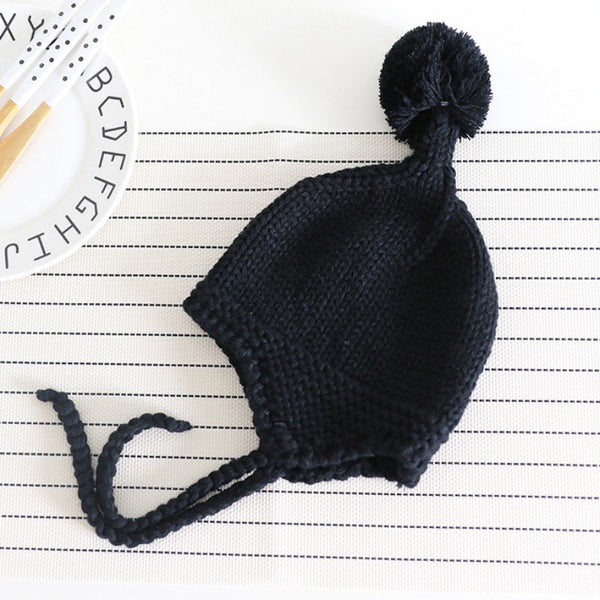 Knit Baby Cap Winter Warm Baby Hat with Pompom Cotton Newborn Bonnet Accessory