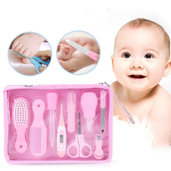 9pcs Convenient Daily Baby Nail Clipper Scissors Hair Brush Comb Manicure Care Kit Pink