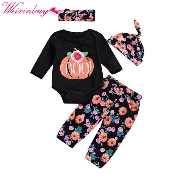 4PCS Baby Girl Clothes Set Halloween Print Baby Rompers+ Print Pants + Hat + Hair Band Newborn Baby Halloween Clothes Set