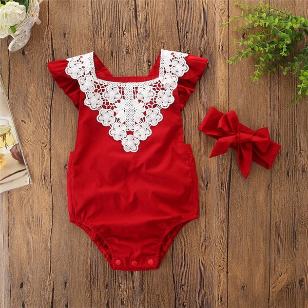 Toddler Newborn Baby Sleeveless Lace Romper Jumpsuit+Headbands Set Outfit