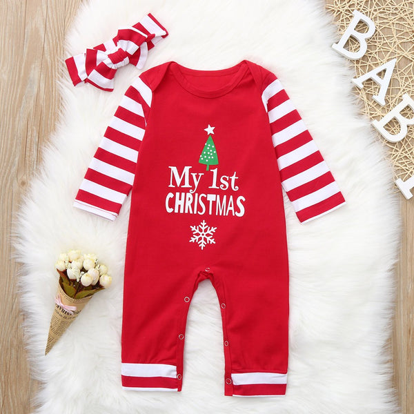 Infant Baby Christmas Letter Print Striped Jumpsuit Romper+Headband Outfit