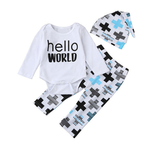 Newborn Toddler Girl Clothing Sets Hello World Print Romper+Pants+Hat 3 pieces Baby Clothes Set Infant Outfits for Baby Clothes
