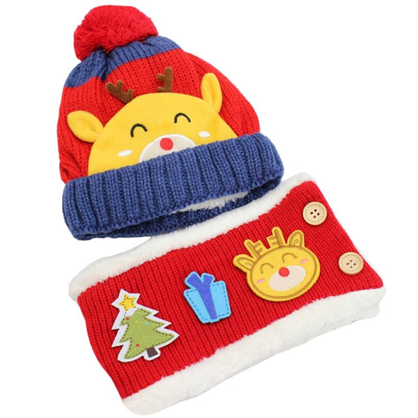 2pcs/set Baby Knitted Hat and Scarf Warm Soft Elk Hat Toddler Circle Scarf (Red)